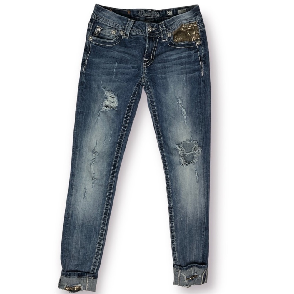 Miss Me Cuffed Skinny Flap Pocket Sequin Detail Distressed Jeans Sz 27